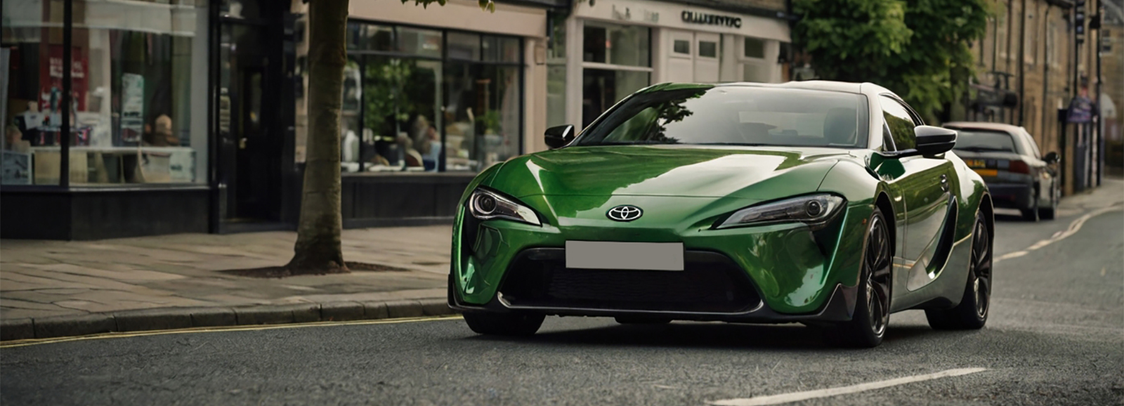 A green Toyota Supra driving on a city street